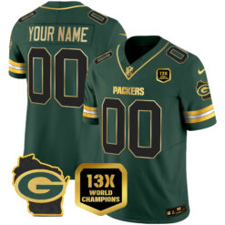 Green Bay Packers 13x Time World Champions Patch Gold Limited Custom Jersey – All Stitched