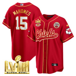 Men's Chiefs Super Bowl LVIII Gold Patch Baseball Jersey - All Stitched