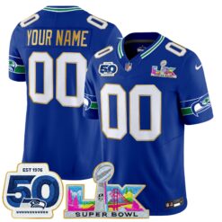 Seattle Seahawks “Super Bowl LX & 50th Patch” Gold Trim Vapor Limited Custom Jersey – All Stitched